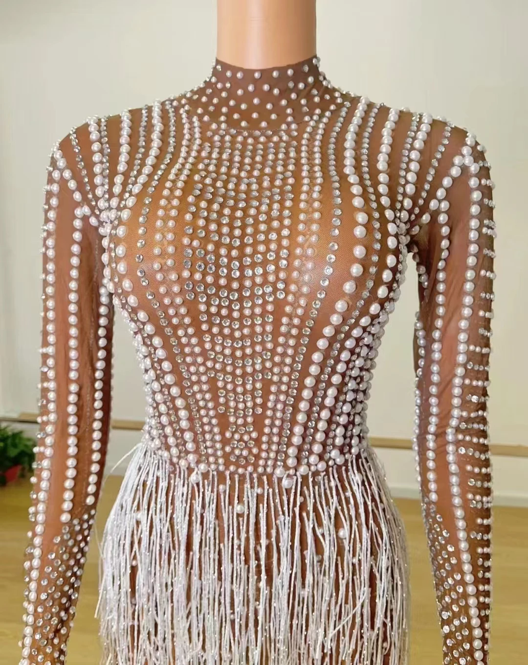 Sexy Transparent Stage Rhinestones Tassel Dress Women Singer Nightclub Mesh Dance Costume Birthday Party Catwalk Fringes Dresses