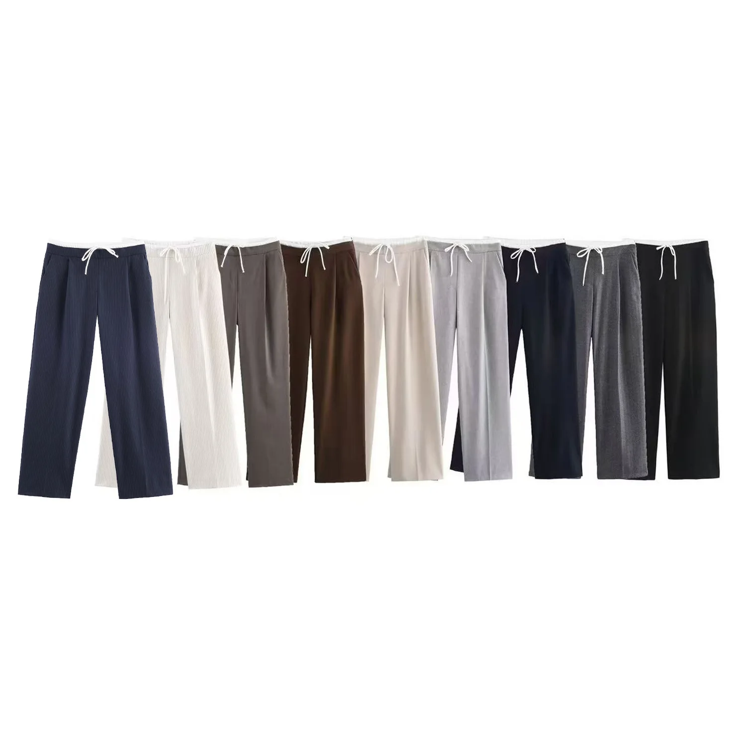 

Autumn New Women's Fashion Versatile Drawstring Double Layer Waist Wide Leg Casual Long Pants 1608225