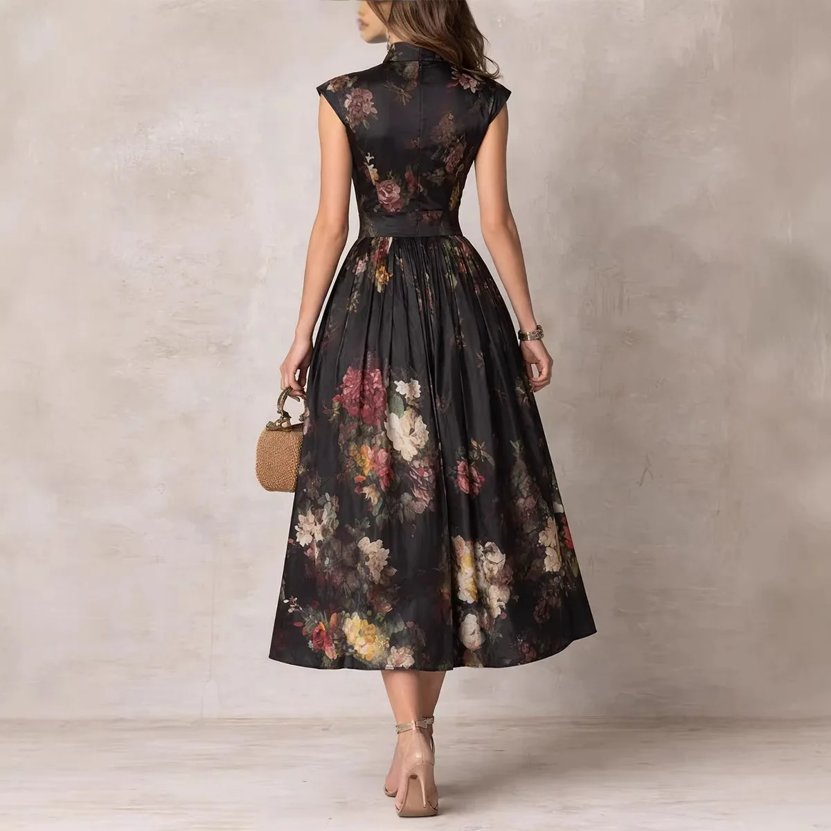 2026 Spring New Women's Sleeveless Black Digital Print Long Skirt Three-dimensional Flower Slim Dress for Women