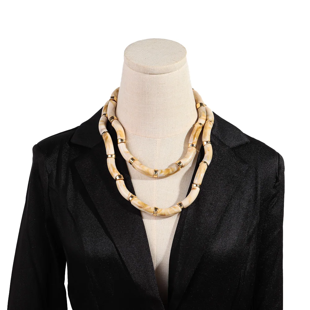 Neue Acryl-Doppelschicht-Bambus-Perlenkette für Damen, Statement-Halskette mit gebogenem Rohr, Stapel-Choker, Armband, Retro-Schmuck, Collier, Geschenk – Detail 8