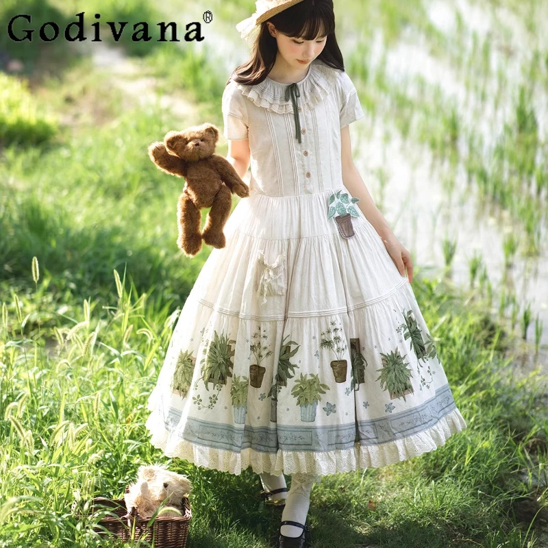

Mori Girl Cla Princess Tea Party Dress OP Japanese Girls Sweet Cute Ruffle Collar Printed High Waist Slim Lolita Long Dress SK