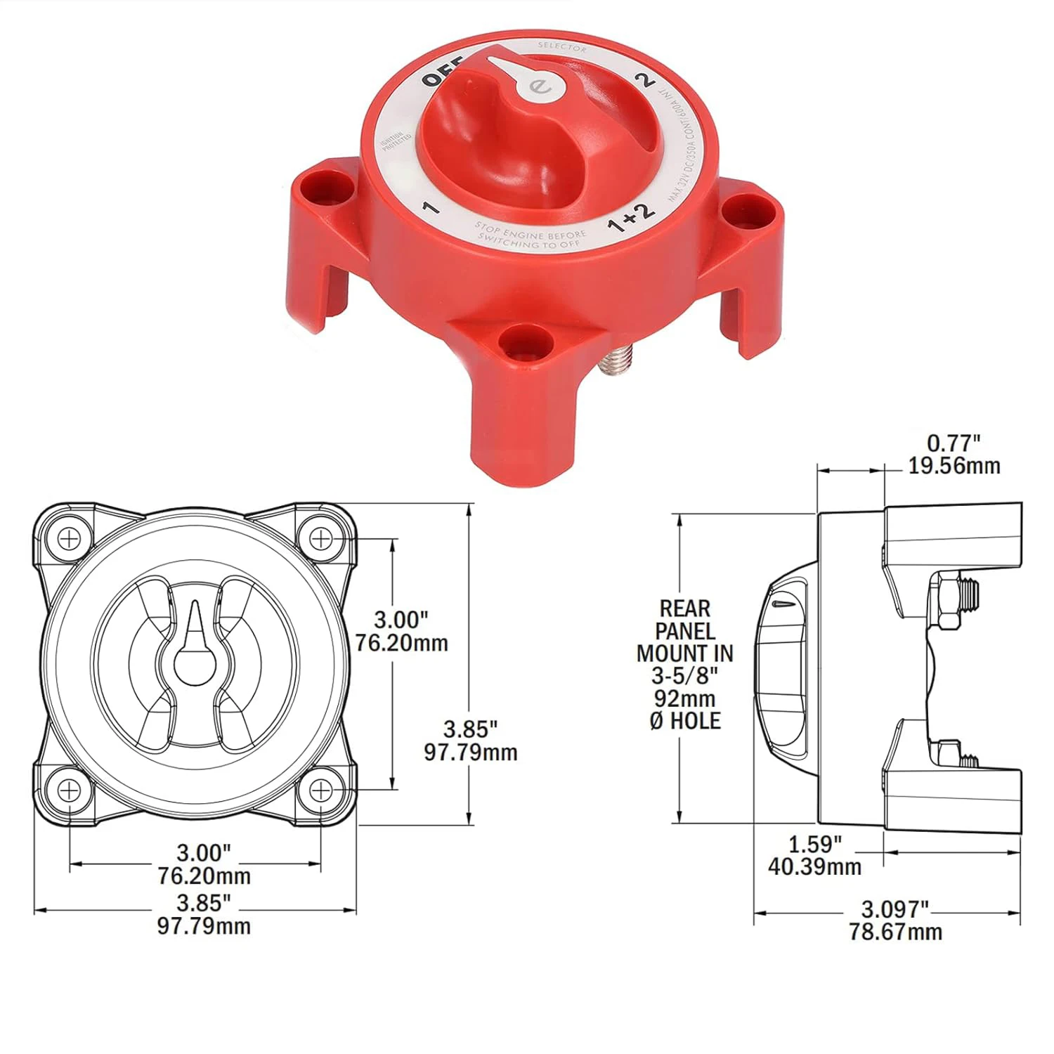 9001E 32V 350A Battery Disconnect Switch Selector Disconnect 4 Position 3 Pins for Marine Boat Truck RV ON and OFF