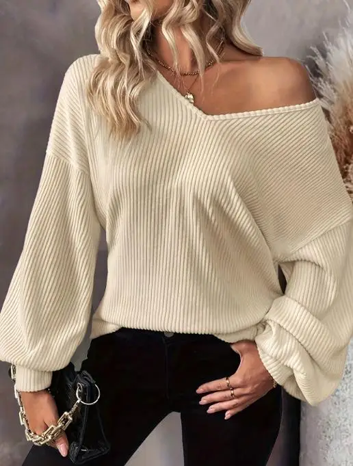 

Women's Top Spring New Fresh Sweet Solid Color Simple Casual Fashion V-Neck Bareback Strap Up Design Loose Lantern Sleeve Top