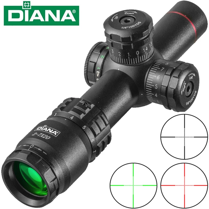 

Оптический прицел DIANA 2-7X20 для тактической охоты с зеленым и красным точечным осветителем, прицел для наблюдения и охоты.