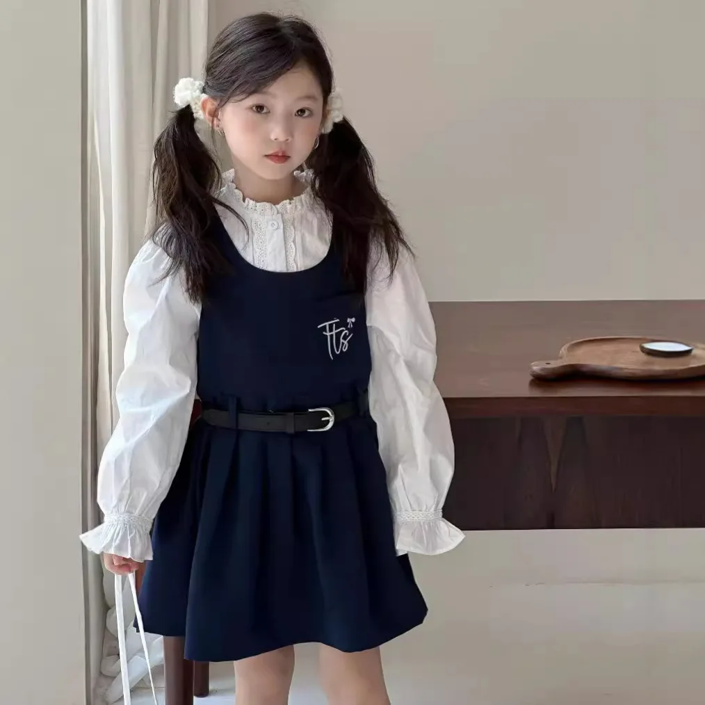 

Осенние костюмы для девочек 2024, элегантный кружевной воротник для девочек, рубашка без рукавов, сарафан, Женский комплект из двух предметов в простом Корейском стиле