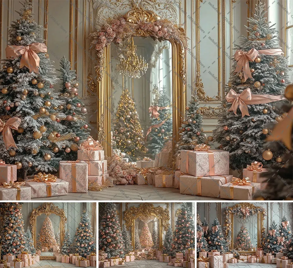 mehofond-fotografia-fundo-inverno-natal-rosa-quadro-espelho-arvore-de-natal-criancas-familia-retrato-decoracao-pano-de-fundo-estudio-foto