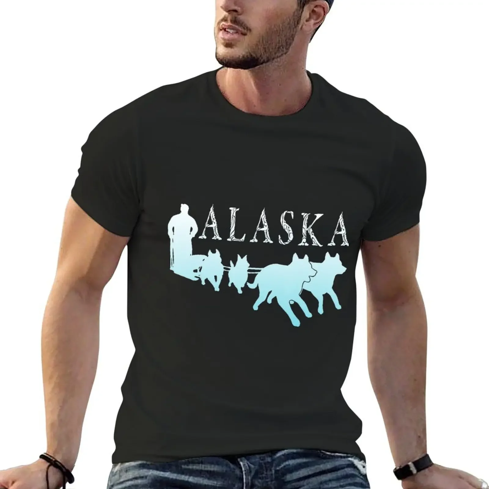 Alaska Sled Dogs Mushing Team Snow Sledding Mountain Scene \t \t T-Shirt celny zaprojektuj swój własny dla chłopca męskie bawełniane koszulki