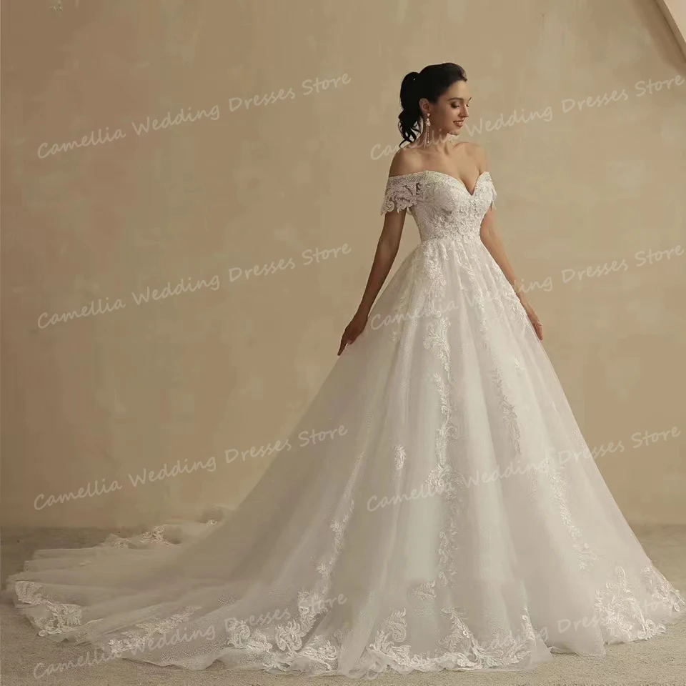 2024 Elegant Wedding Dresses A Line Sexy Lace Up Women's Bridal Gowns Appliques Off The Shoulder Sleeveless Sweep Train Vestidos