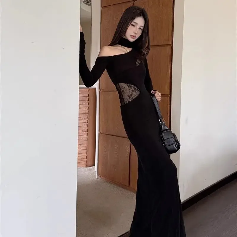 أسود مائل الياقة خارج الكتف الدانتيل الربط الإناث النبيلة الساخنة فتاة تصميم المتخصصة فساتين الورك