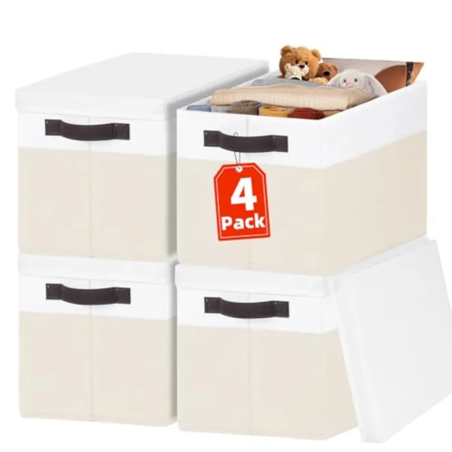 

Large Nursery Closet Organizer Bins with Lids 4 Pack - 23 QT Decorative Storage Baskets for Living Room Bedroom Shelf - Stackab