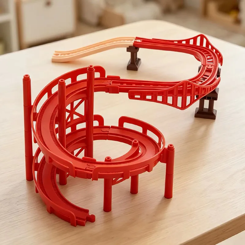 Wooden Train Track Accessories Multi-Layer Spiral Bridge Building Blocks Compatible with Brand Wooden Track Railway Toys