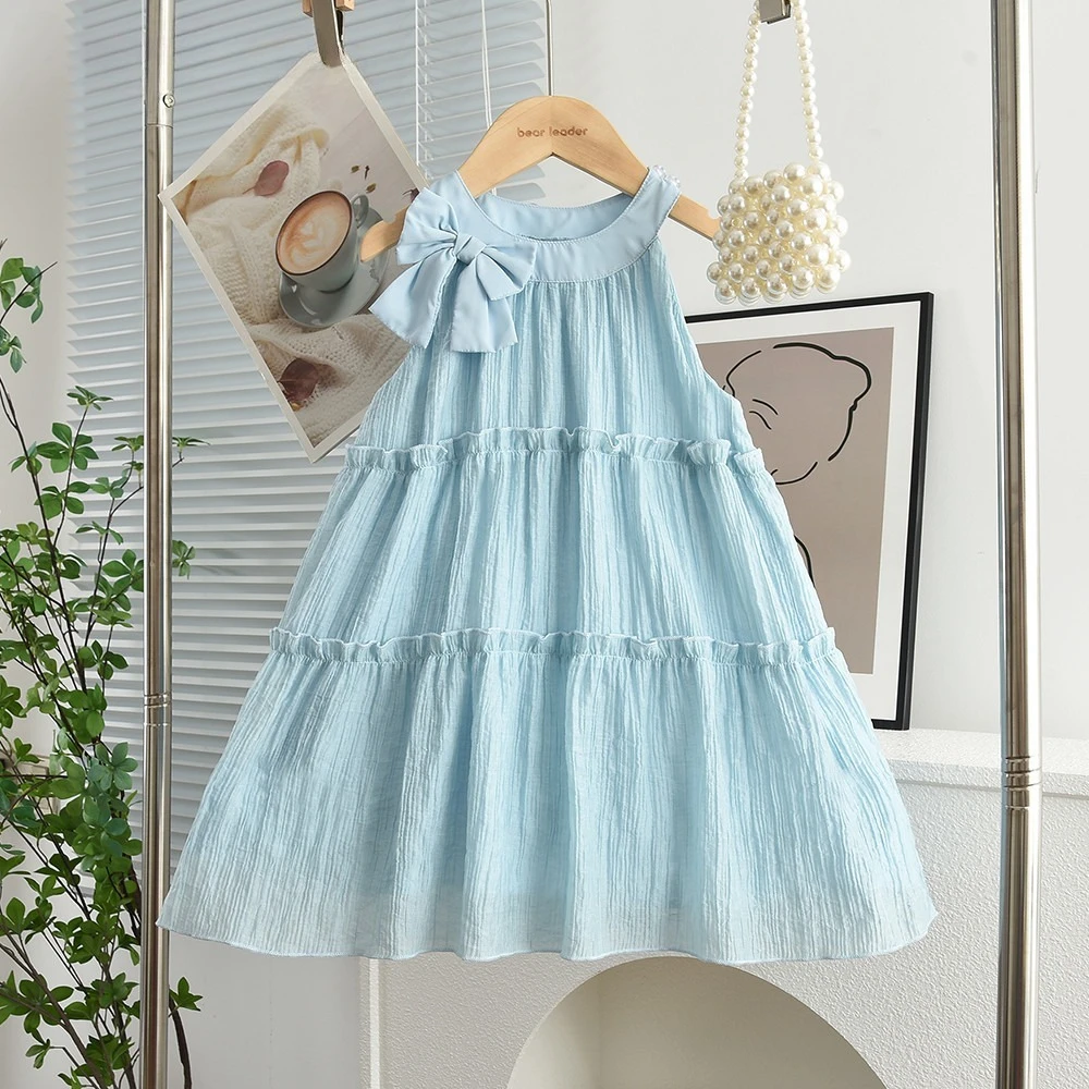 Koreanische Version Sommer Neues Blaues Rundhals-Kleid mit Schleife und Neckholder Prinzessinnen-A-Linien-Kleid Süß und Niedlich für 3-7 Jahre alte Mädchen Tägliche Kleidung