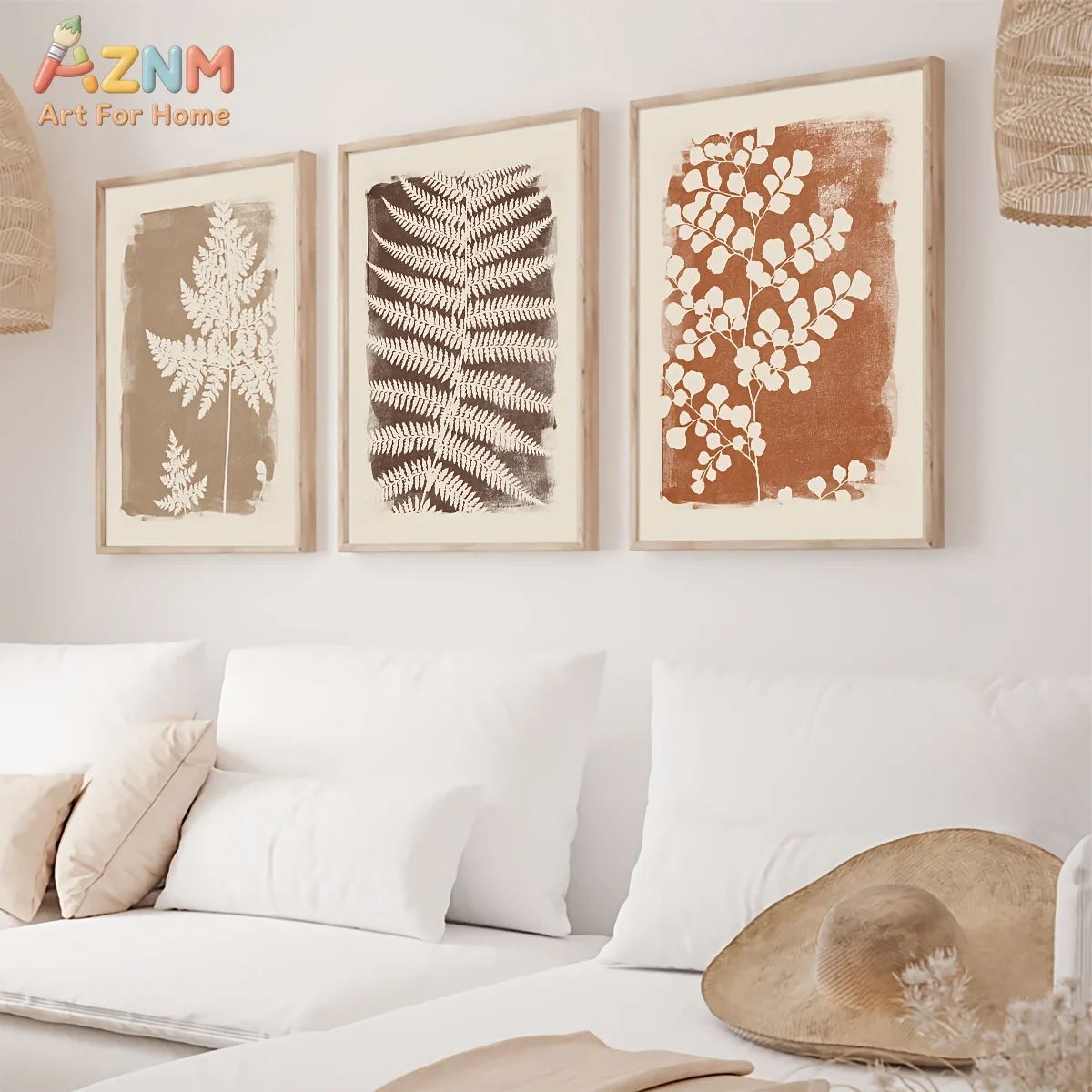 3pcsAZNM Boho Terracotta Fern Leaf Botanical Canvas Wall Art Neutral Earth Tone Plant Abstract Texture Flat Print Unframed Paint