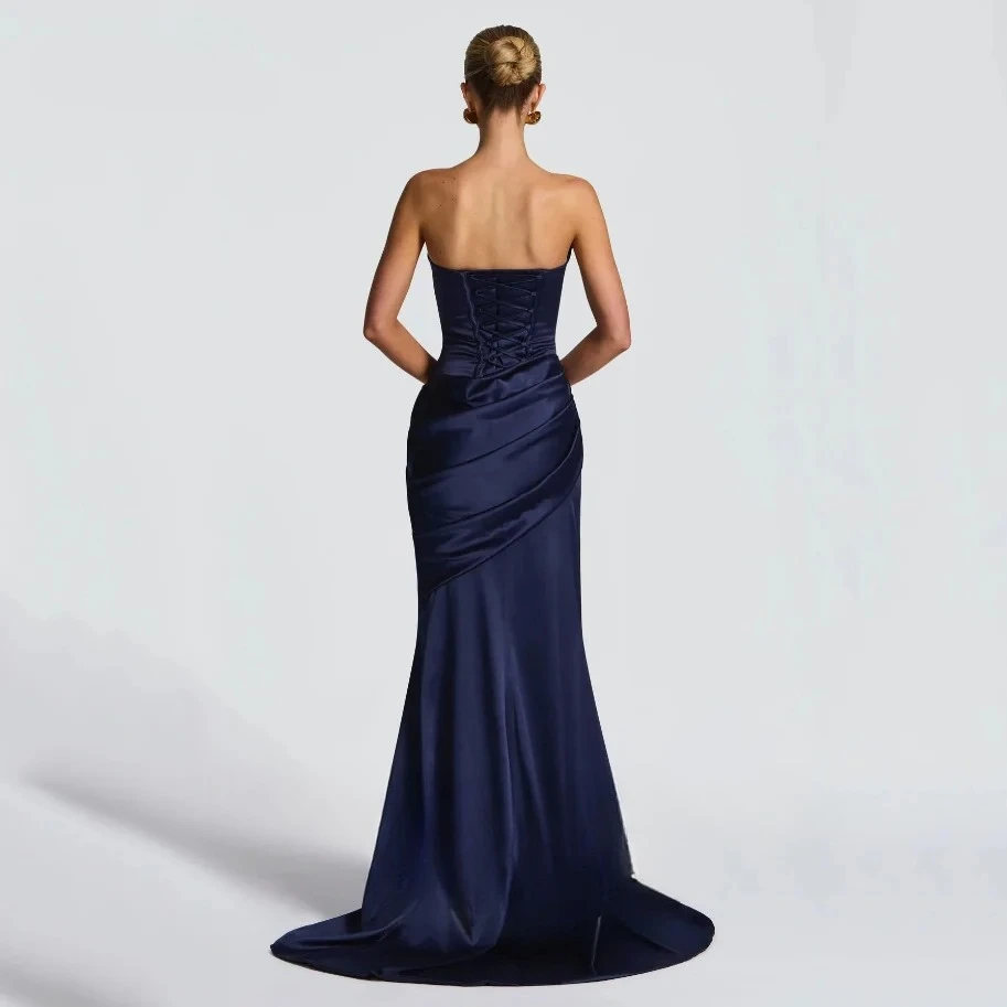 Eighttre blu navy senza spalline sirena abiti da ballo formali senza schienale con sciarpa abito da sera lunghezza pavimento abito da festa personalizzato