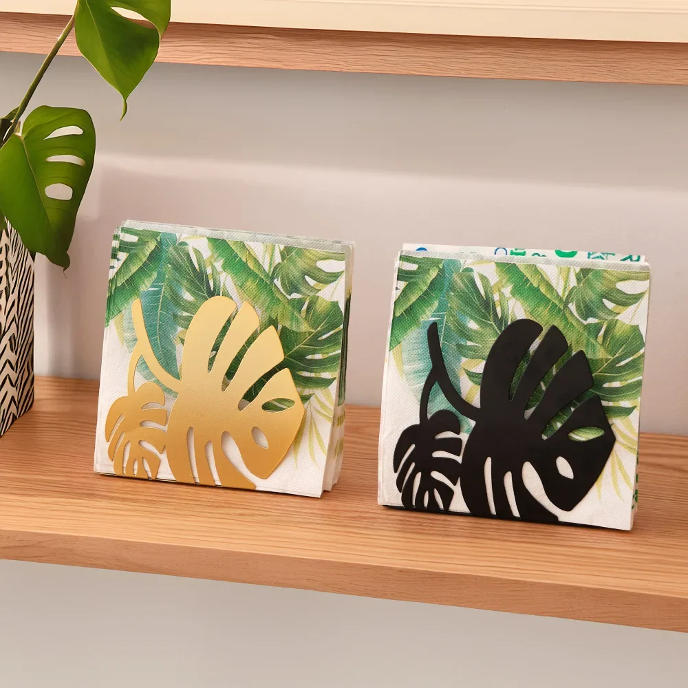 Monstera Metal Napkin Holder Minimalist Black Gold Tabletop Tissue Organizer Home Kitchen Dining Table Decorative Accent Gift