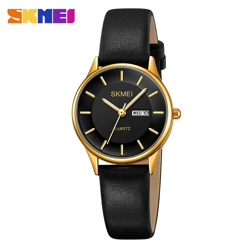 SkmeiWomen's Round Simple Dial Quartz Watch30M นาฬิกาปฏิทินเข็มขัดกันน้ํา