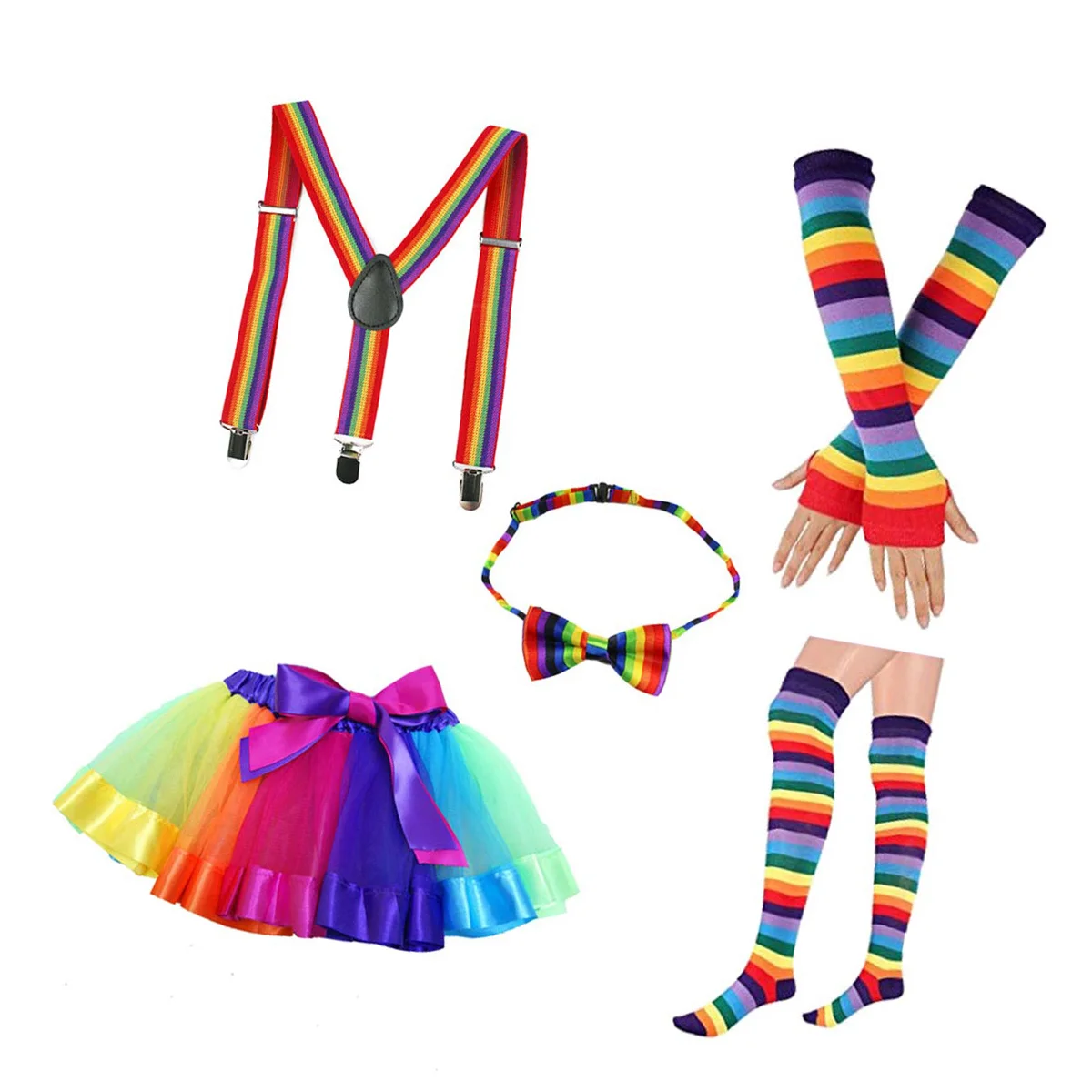 

Rainbow Tutu Skirt Kit Colorful Bowknot Tie Fingerless Gloves Stocking Suspenders Costumes Set for Girls Party Outfits