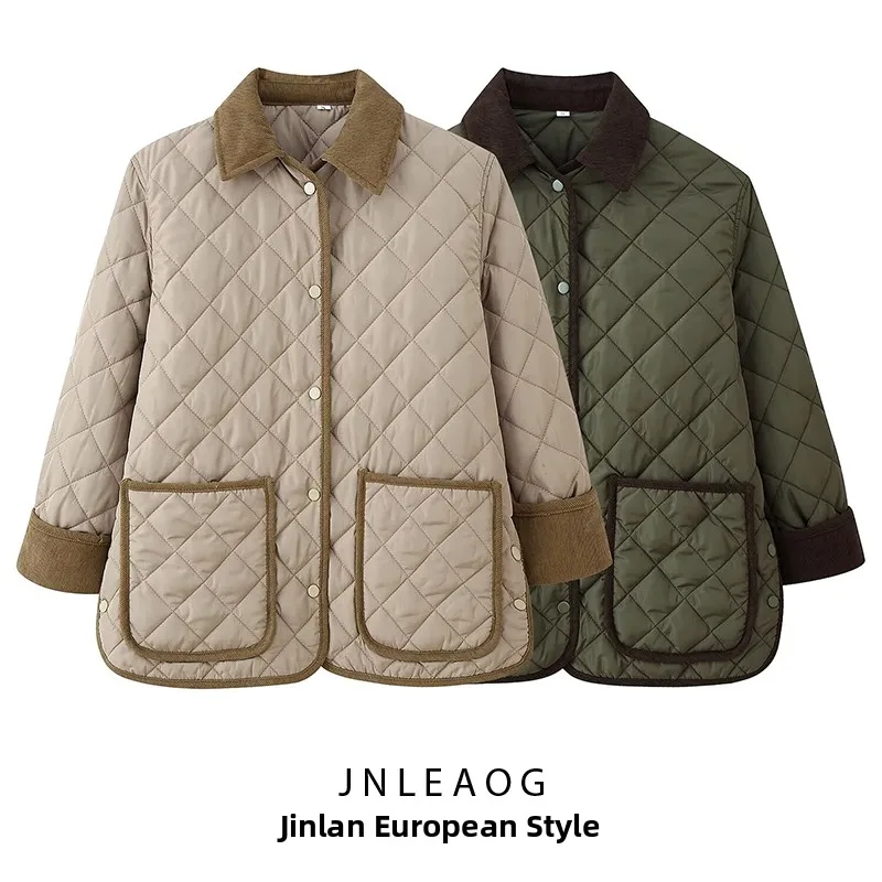 

JNLEAOG Faionable Loose Cotton Jaet Women's Street Sle Diamond Patterned Quilted Collared Coat Long Sve Zipper Closure