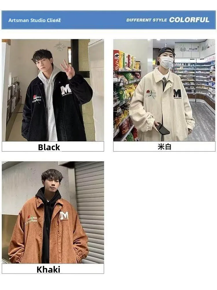 

Loose Fit Neutral Sle Jaet Autumn Faionable Versatile Letter Print Collar Coat for Men Polyester Fabric Casual Outerwear