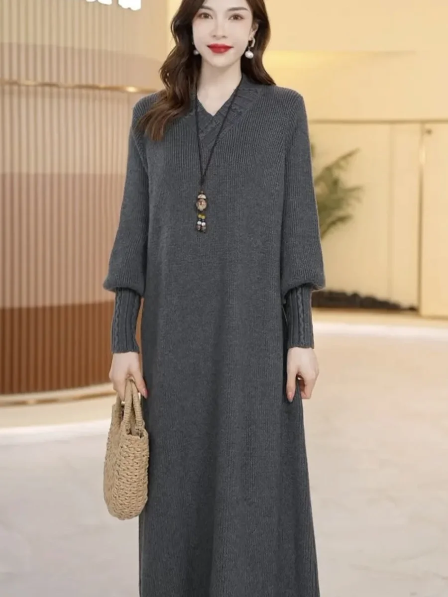 

Осенне-зимнее платье с высоким воротником, шерстяной пуловер с v-образным вырезом, теплое платье, утолщенное базовое повседневное прямое однотонное платье CQ318