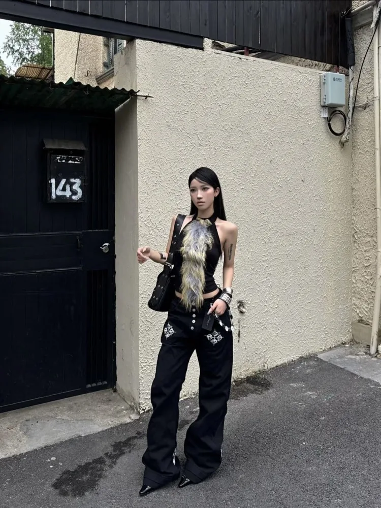 

Y2k американские винтажные джинсы полной длины, женская повседневная уличная одежда с принтом на пуговицах 2000-х годов, потертые брюки в стиле ретро со средней талией, осень 2023 г.