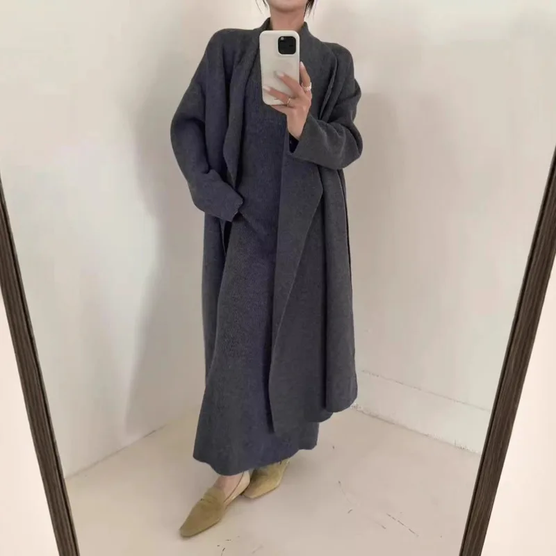 EAEOVNI 우아한 니트 2피스 세트 여성 솔리드 롱 가디건 코트 민소매 슬림 드레스 기품 있는 가을 겨울 신상 세트