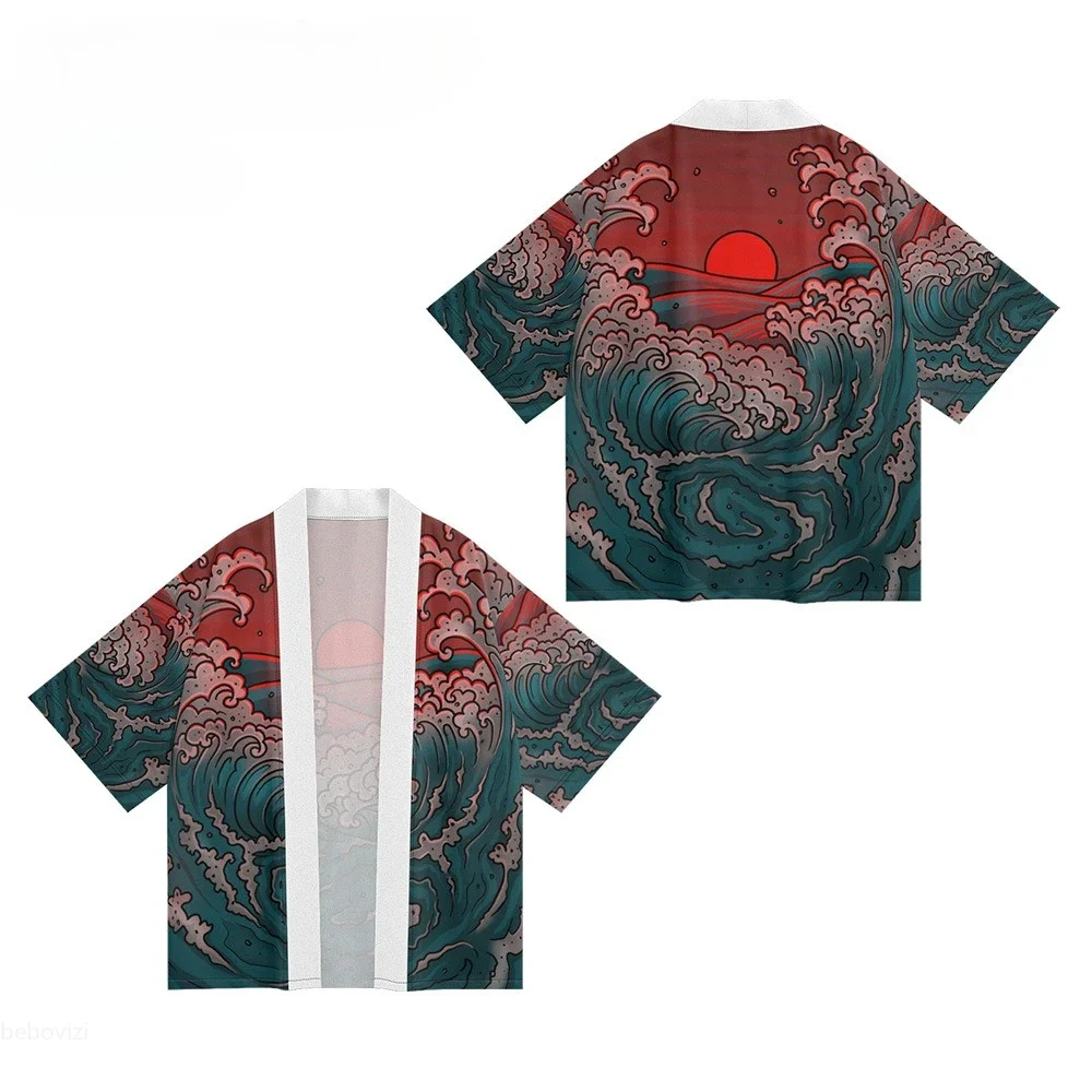 سترة الشارع الشهير للرجال والنساء Haori 2025 تصميم جديد لموجات رامين مطبوعة كيمونو يوكاتا ملابس الشاطئ اليابانية رداء حجم كبير