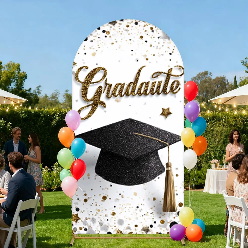LS Congratulations Graduation Party Banner Background Golden Glitter Dots Graduate Cap Cake Table Backdrop Chiara Arch Cover