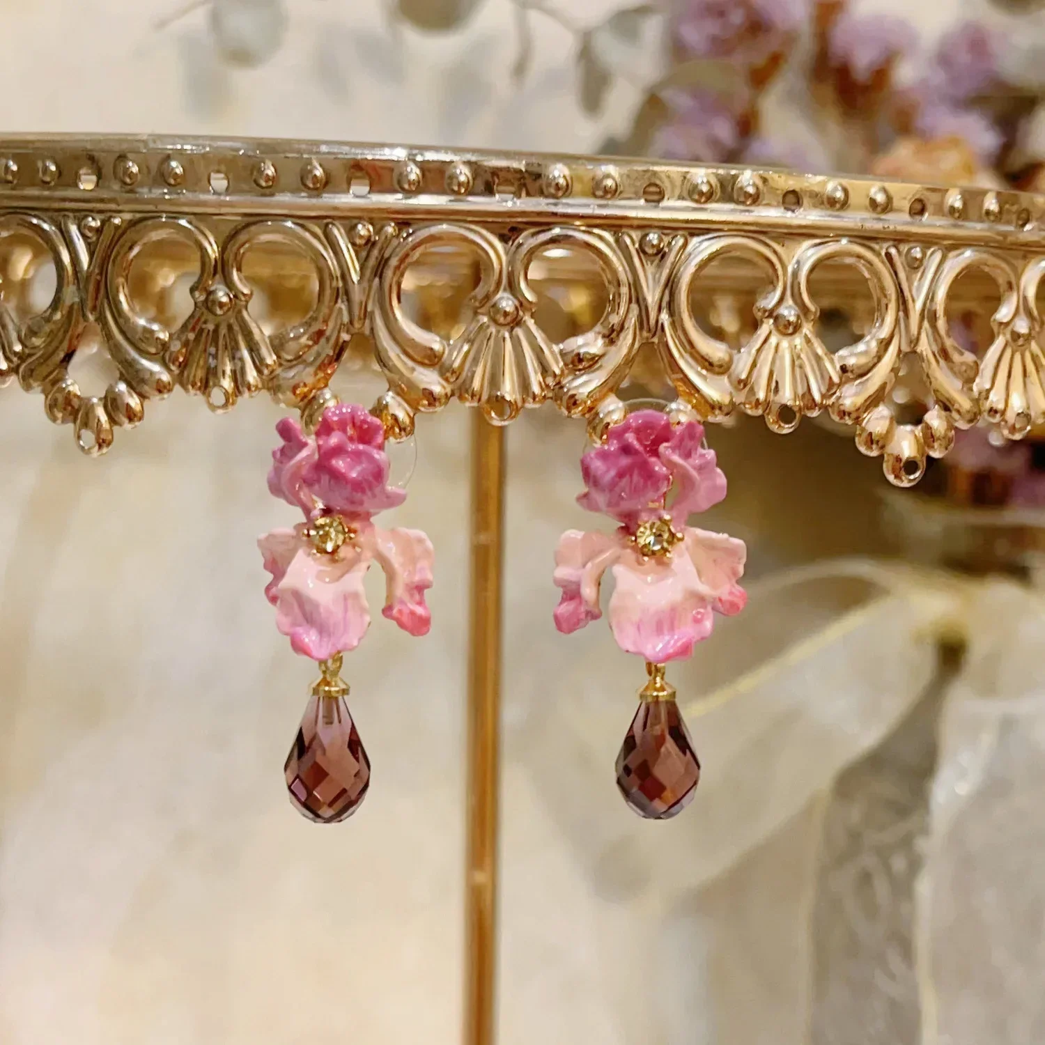 Iris Series Pink Flower Gradient Star Diamond Purple Diamond Earrings Earrings Earstuds Earclips