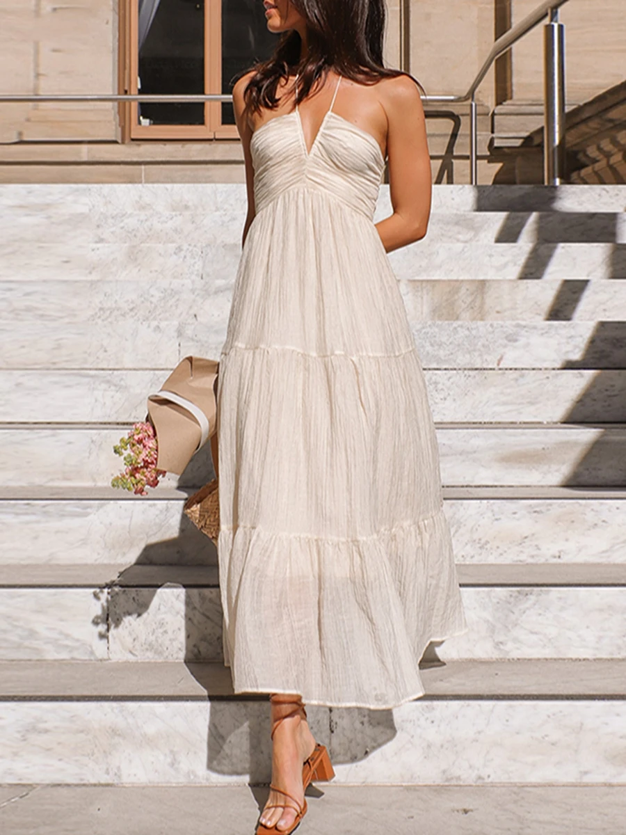 New Fashion Women Long Dress Elegant Sleeveless Tie-Up Halterneck Floral Dress Summer Swing Dress Hot Sale S-XL