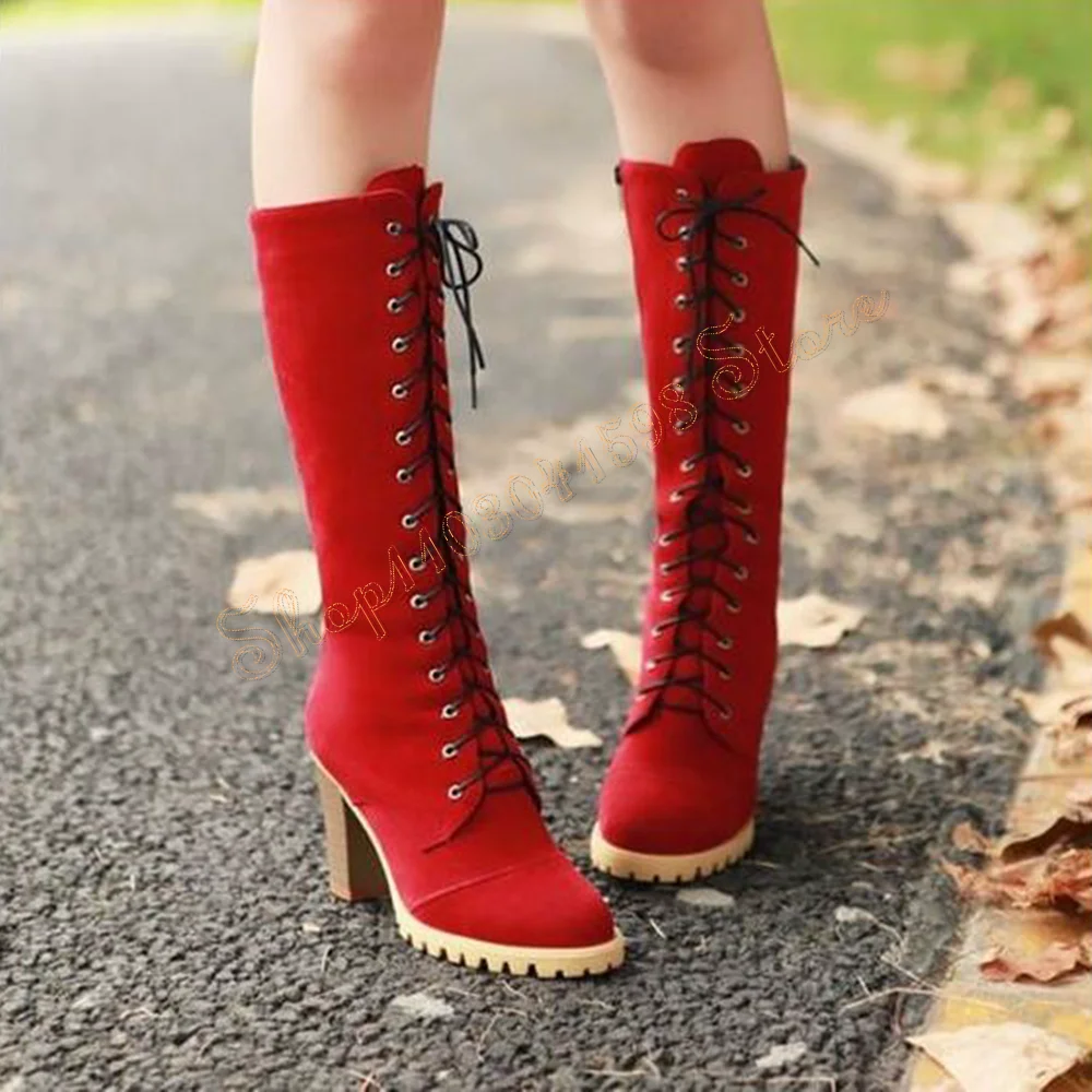 

Red Lace up Mid Calf Fashion Boots Round Toe Chunky High Heels High Heel Shoes for Women Heels 2024 New Zapatos Para Mujere