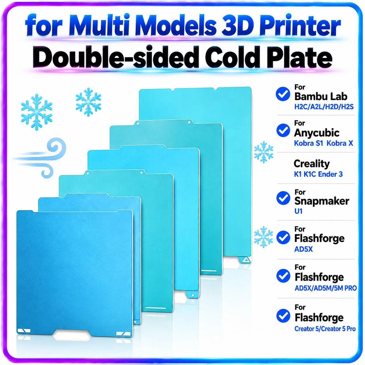 Glacier Cold Build Plate Double‑Sided Spring Steel Sheet For Bambu Lab H2D H2S A1 P1P X1C P2S Kobra 4 S1 Kobra X Creality K1