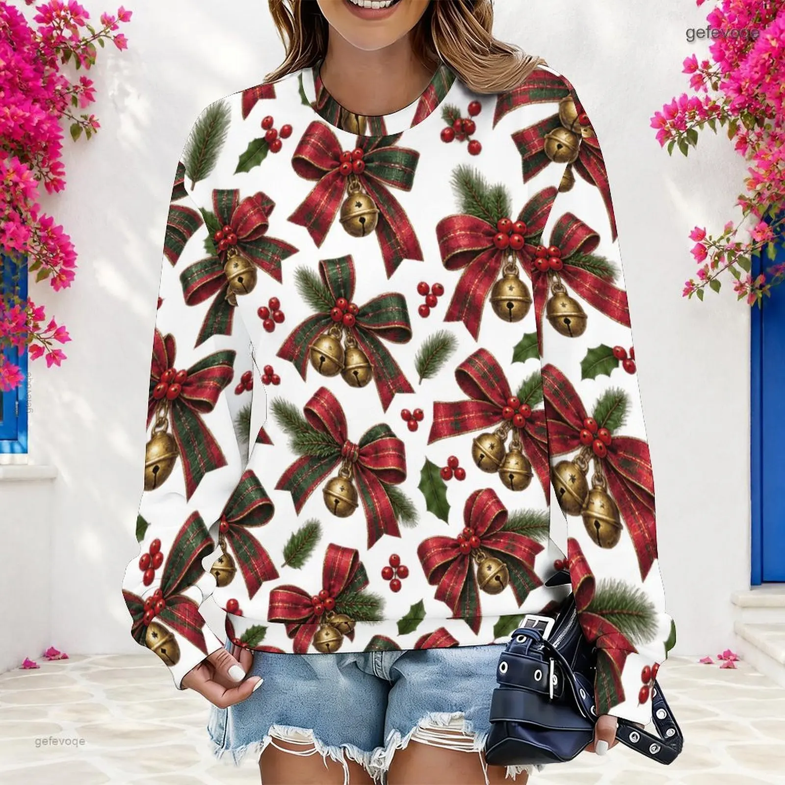 Women White Christmas Bow Bell Holly Pine Print Round Neck Long Sleeve Pullover Sweatshirt