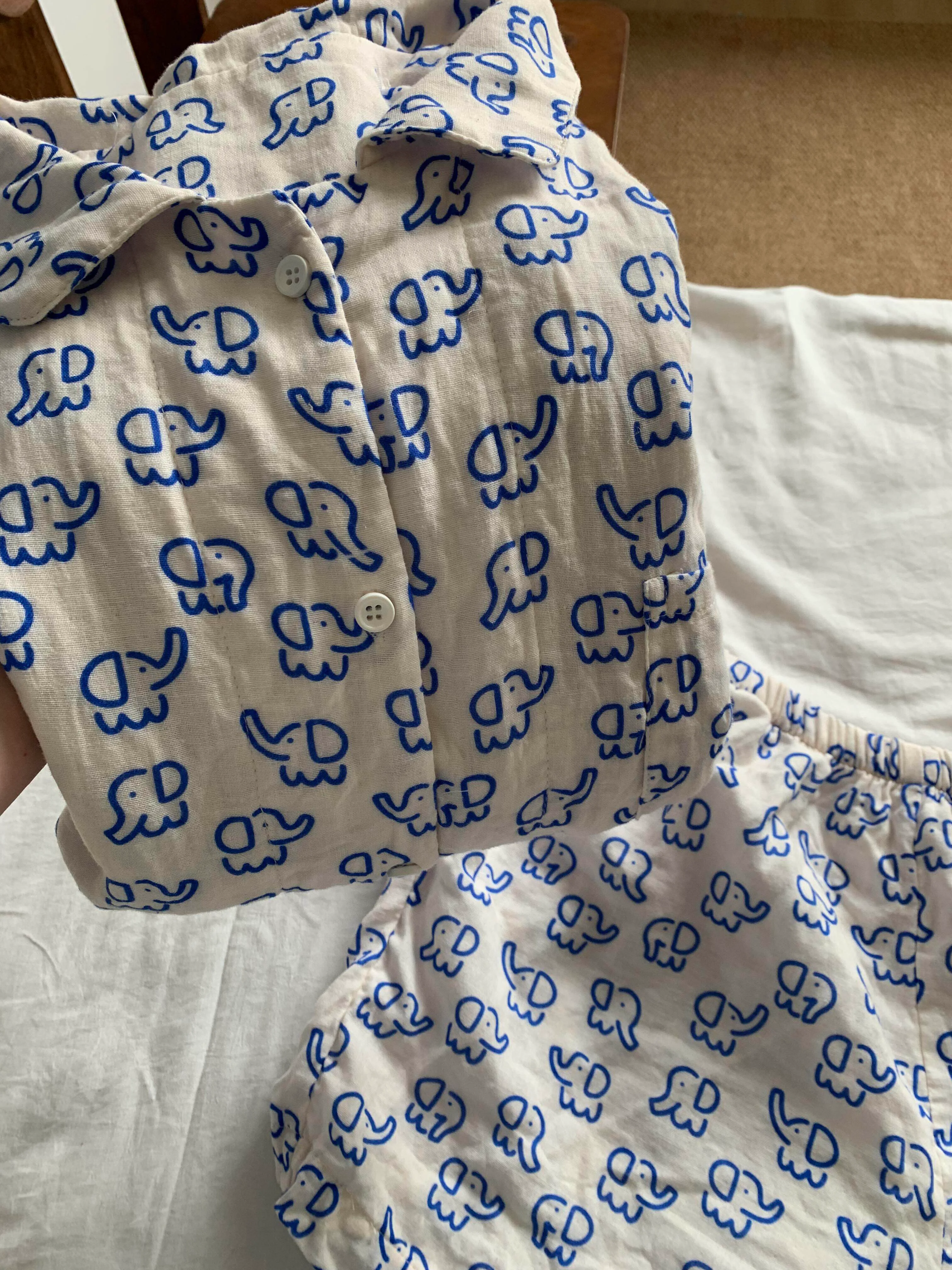 Blue Line Elephant Summer Pajamas Women's Cute Cartoon Loose Short Sleeve Shorts Home Clothes Set Comfortable Breathable Cotton 2