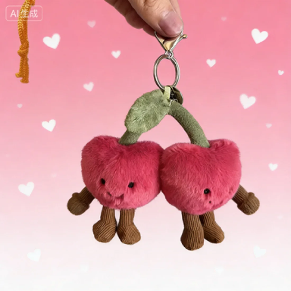 Portachiavi bicolore in peluche di cotone per gatti, morbido croissant, design a ciliegia, accessorio carino per borse e bagagli