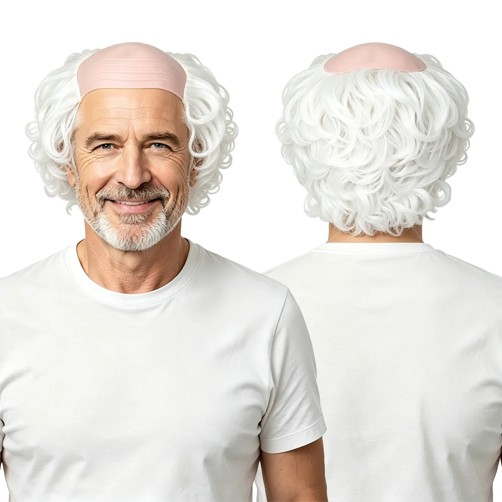 Peruca Einstein para Homens, Branca Cacheada, com Efeito de Calvície e Couro Cabeludo, para Cosplay de Cientista Idoso Engraçado, Fantasia de Halloween, Festa e Pegadinhas