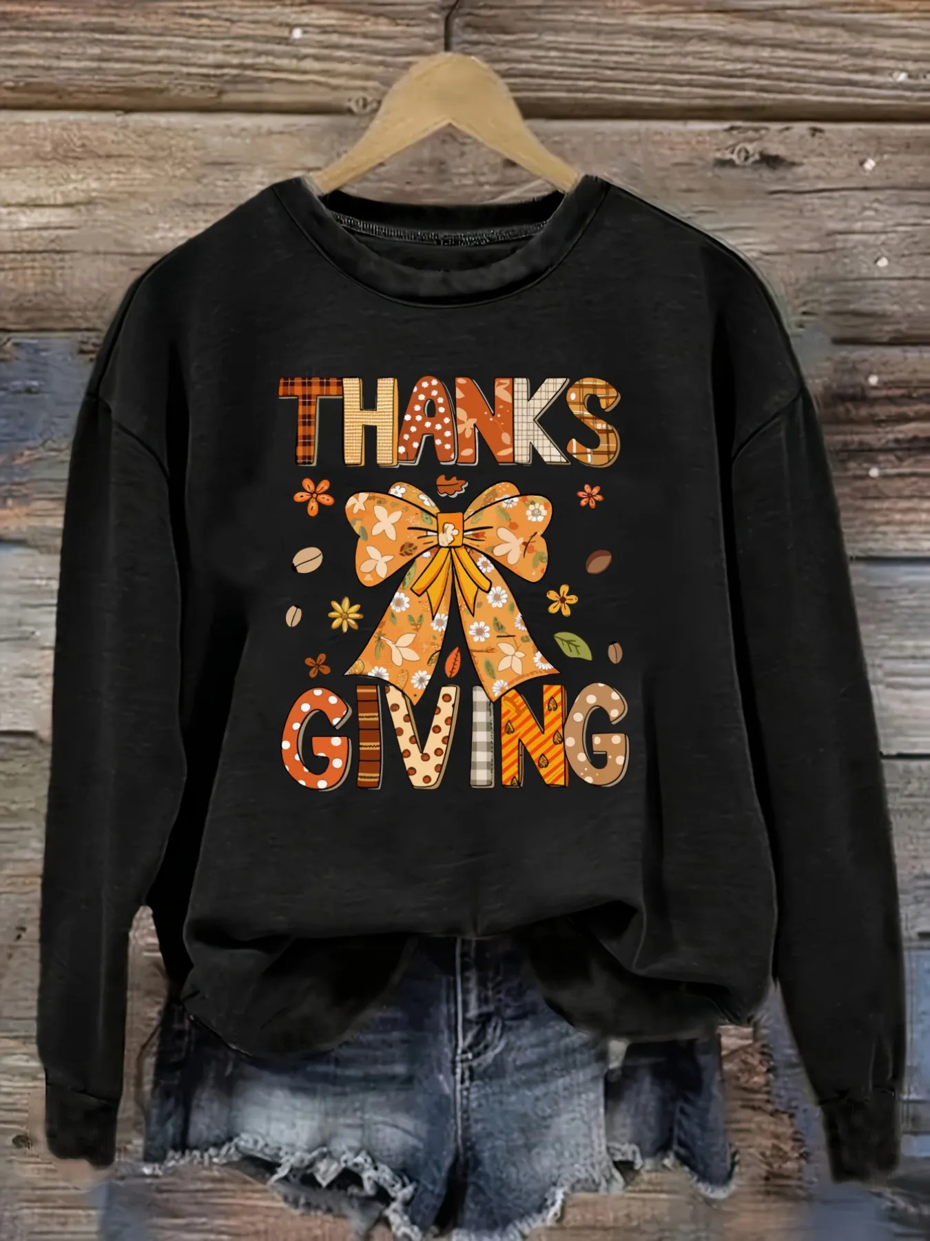 Women's Casual Long Sleeve Crew Neck T-Shirt Thanks Giving Autumn Bow Pattern Design, Round Neck Women's Clothing, Machine Washable, Slightly Elastic, Loose Fit, Spring Autumn Winter Women's T-Shirt, Halloween Costume Outfit