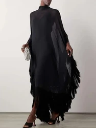 Lemongor Women Elegant Tasseled High-Neck Two Piece Sets Dress 2025 New Spring Batwing Sleeves Loose See-Through Evening Dresses