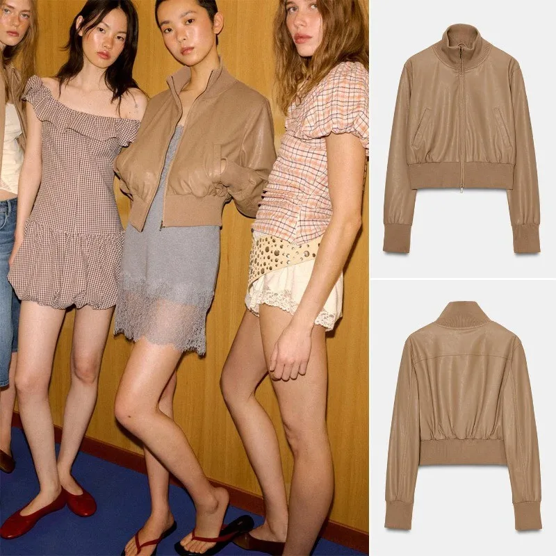 Solid Color Stand Collar Long Sleeve Jacket Ribbed Cuff Cropped Zip Up Bomber Flight Women Casual Streetwear Outerwear 260702