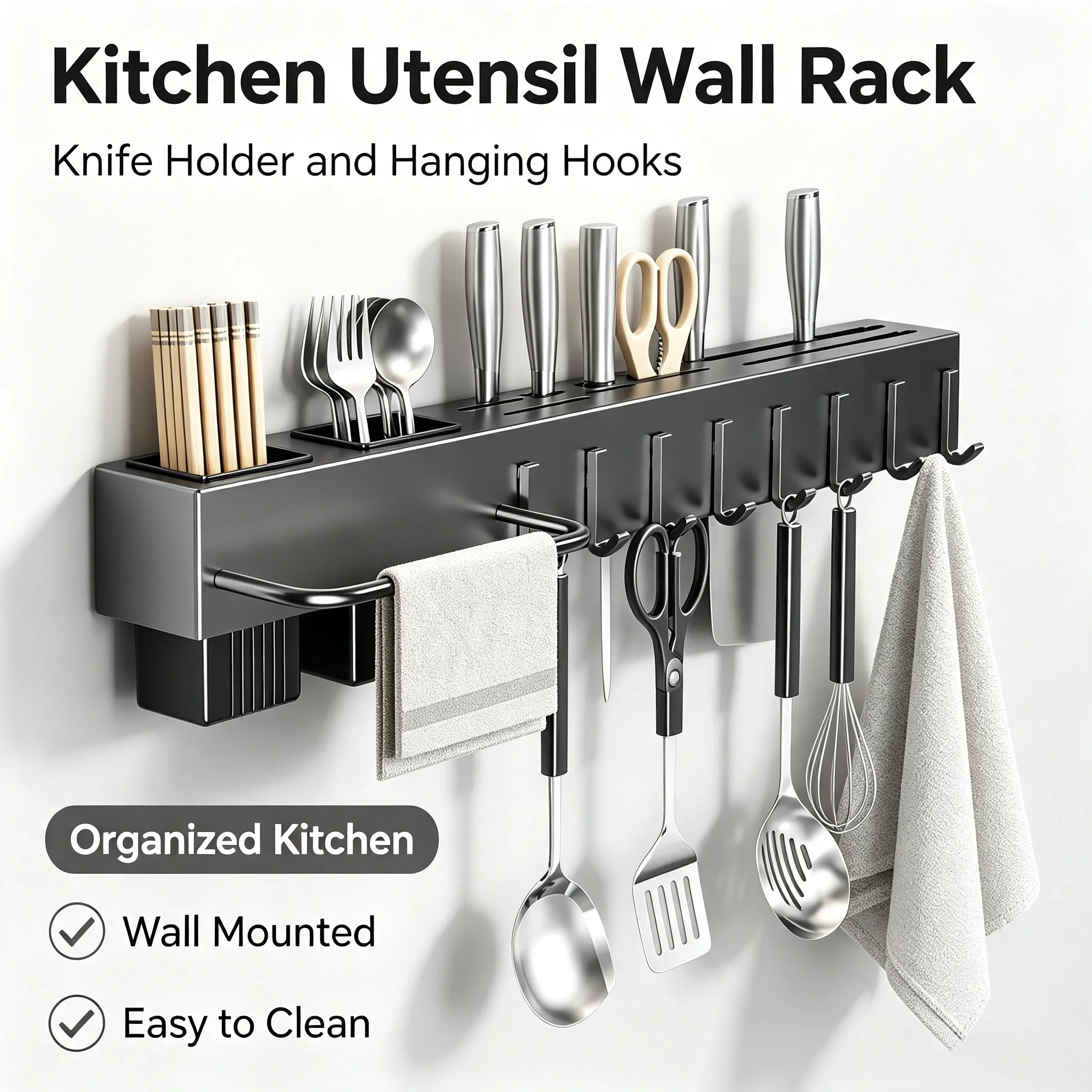 Kitchen Wall‑Mount Storage Shelf Tool‑Free Installation Multifunctional Chopstick Holder for Knives Kitchen Utensils