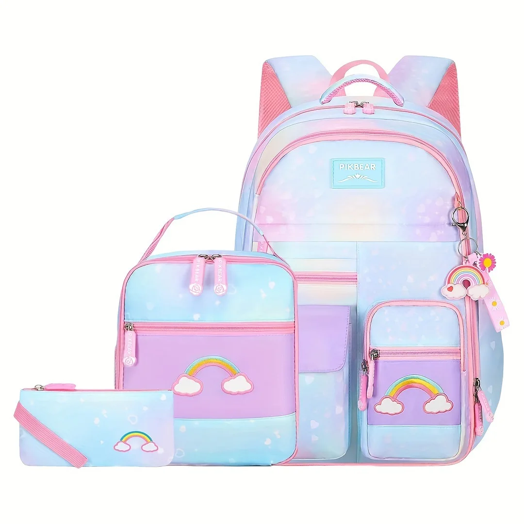 Rainbow Embroidery 3-Piece Set School Backpacks High Quality Nylon Waterproof Elementary Gradient School Bags Kids Schoolbag
