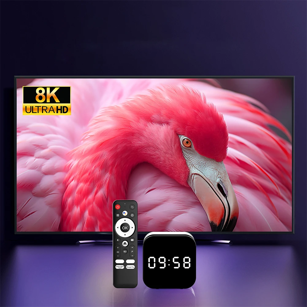 Smart TV Box Android 14.0 WIFI 6 BT 5.X Android TV Box 8K Alarm Clock with 2.4G Voice Remote Control