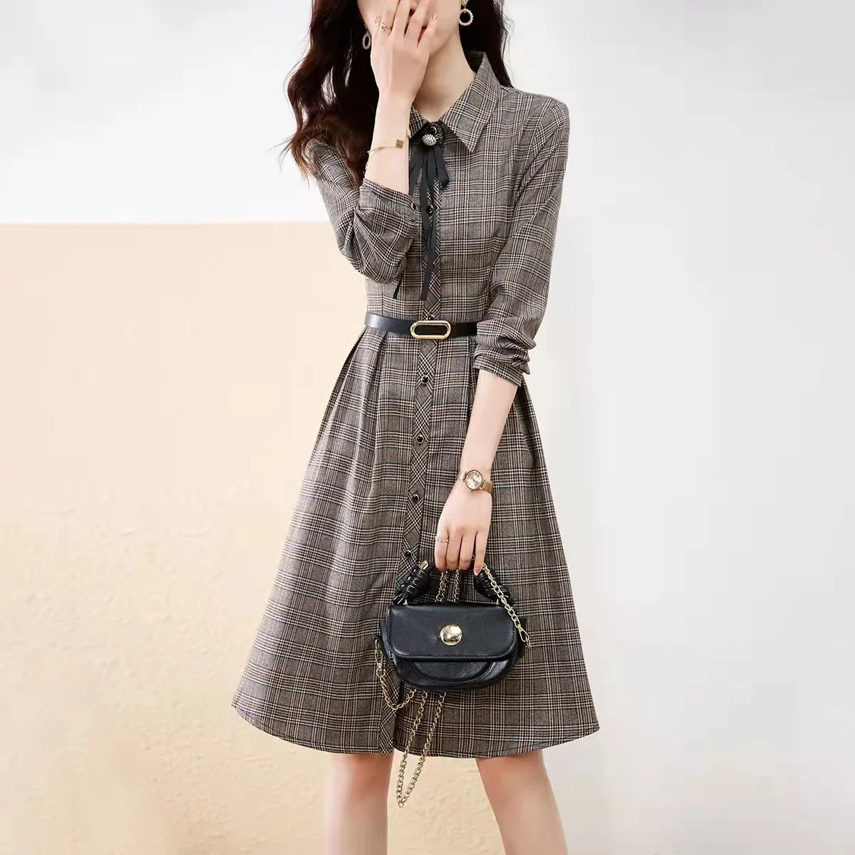 Spring Autumn New Fashion Gingham Women Temperament Polo Single Breasted Long Sleeve Slim Midi Dress Exquisite Office Lady Dress