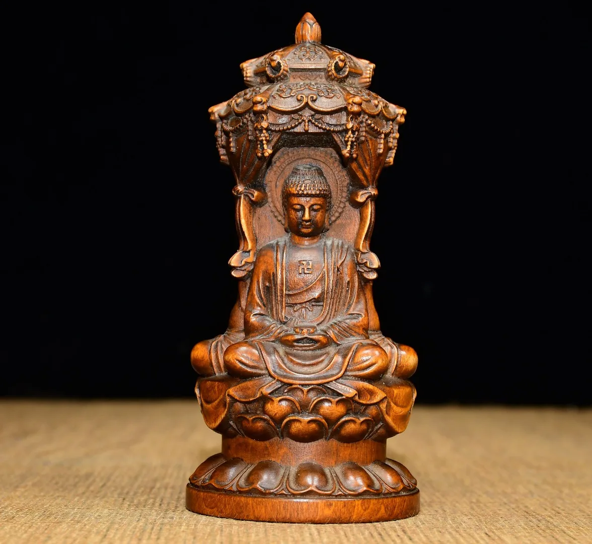 

4"Xizang Folk Collection Old Boxwood Three Sages The three face Buddha Shakyamuni Guanyin Buddha Worship Hall Town house