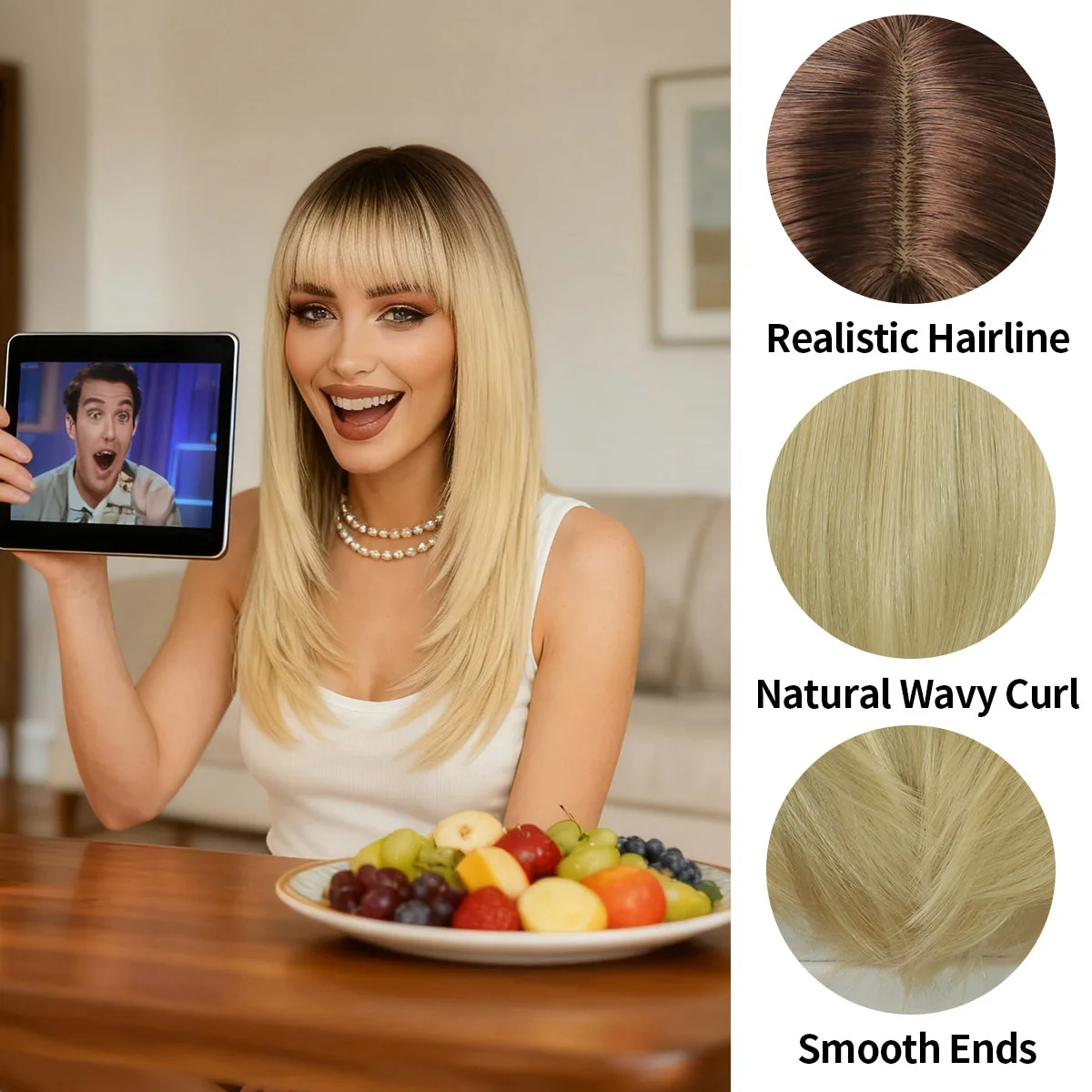 女性用ホワイトブロンド合成ウィッグ ストレートレイヤードナチュラルヘアウィッグ 前髪付き 耐熱ウィッグ 日常コスプレ用