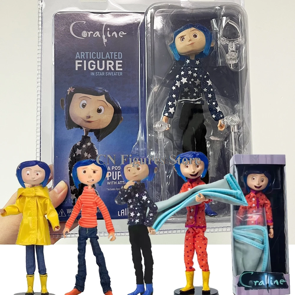 NECA Coraline Figure Articulated Star Sweater Anime Figure Raincoat Sweater In Striped Shirt Toy LA Girl Model Bithday Gifts