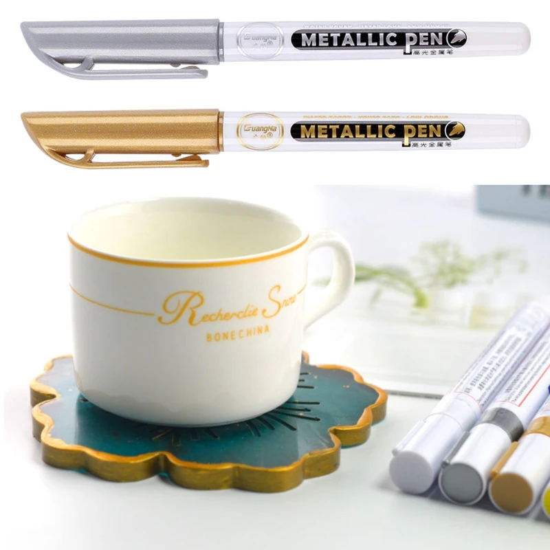 6Pieces Leafing Point Marker Pen Acrylic Paint Highlights Metallic Permanent Pen Gold Silver Epoxy Resin Drawing Pen