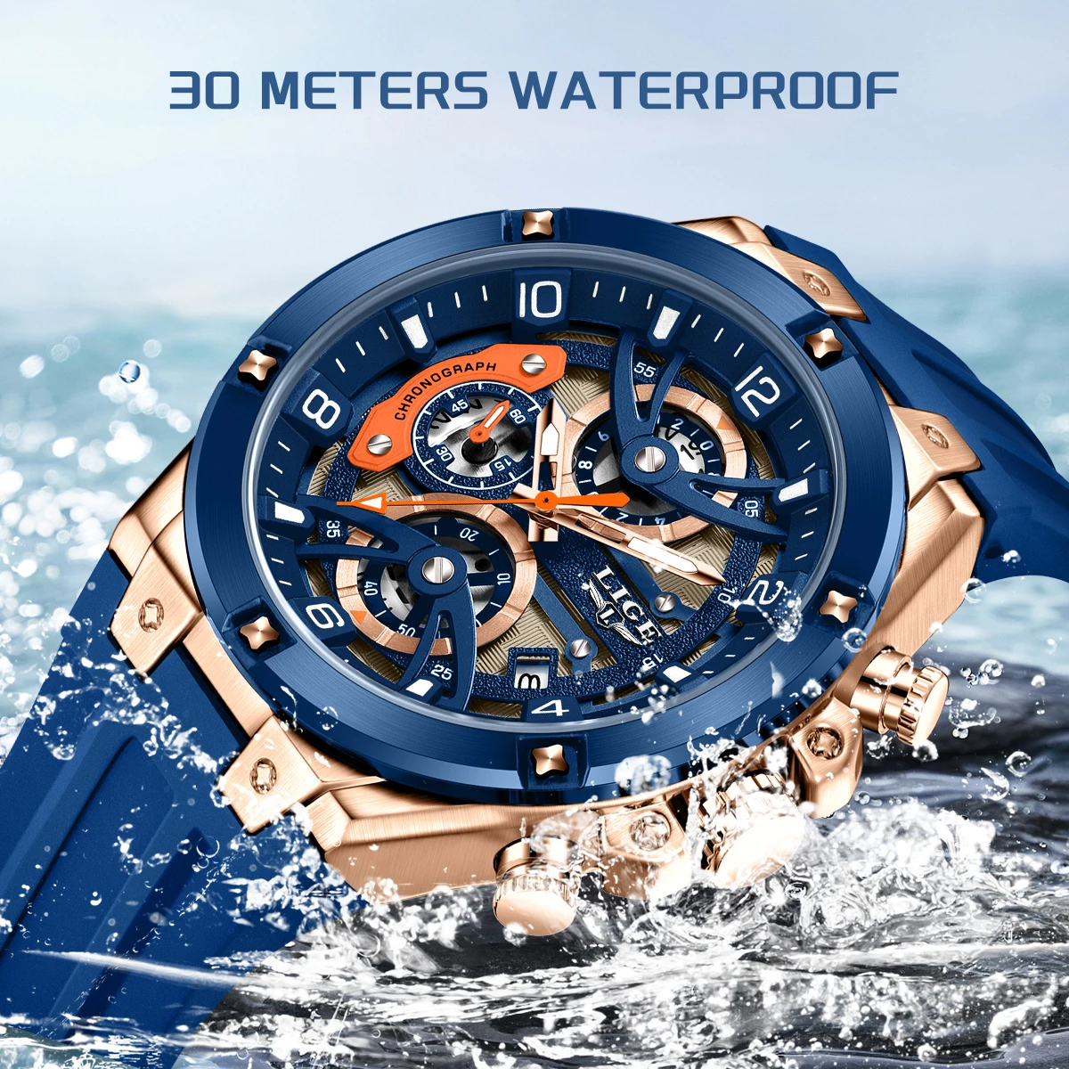 LIGE ファッション高級腕時計シンプルなダイヤル中空クラシックカジュアルスポーツトップブランド防水自動日付シリコーンクォーツマン腕時計