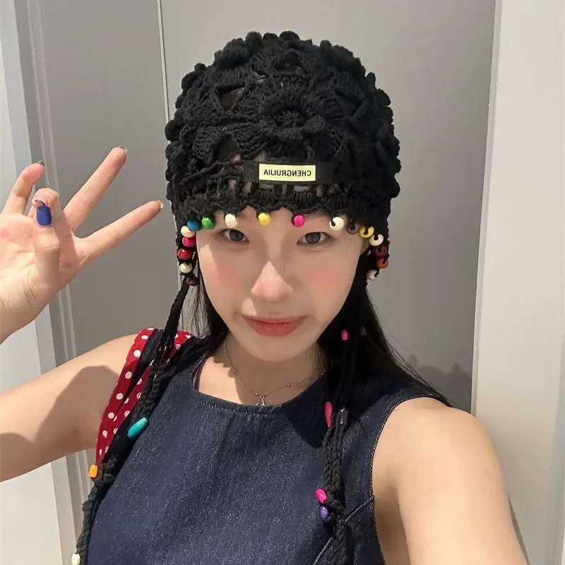 Handmade Crochet Hat Y2k Fashion Hollow Beanie Hat Cap with Beads Tassle Thread Knitting Thin  Baotou Hat for Decoration Japan