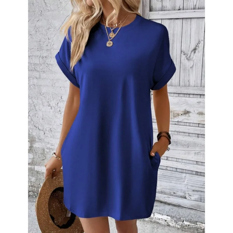 

Spring & Summer New Solid Color Round Neck Loose Short Sleeved Dress, Women's Pocket Fashionable Loose Mini Dresses Robe Femmes